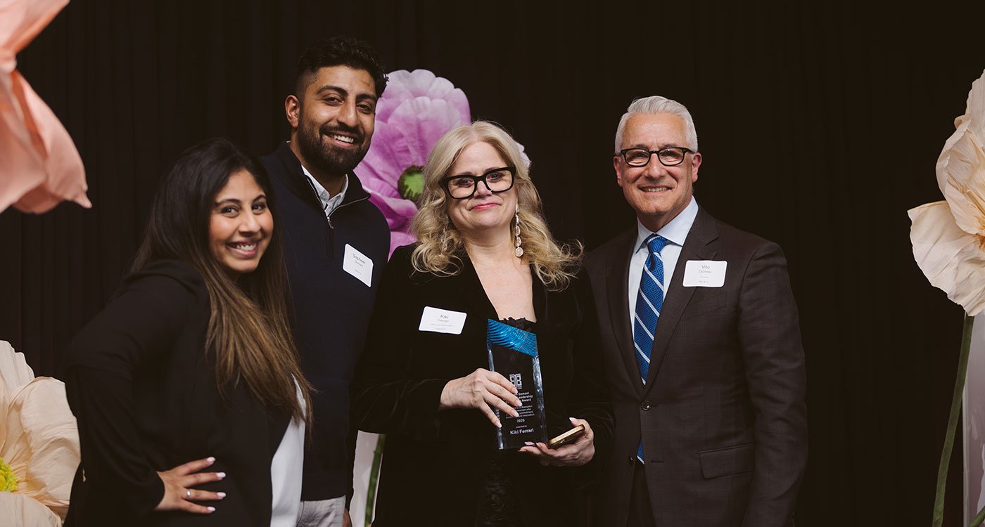 (L-R): Naseem Somani’s children Alyna Ranmall and Sapheer Somani; Kiki Ferrari, Executive Vice President, and Chief Clinical Officer, William Osler Health System; Vito Ciciretto, CEO, Dynacare