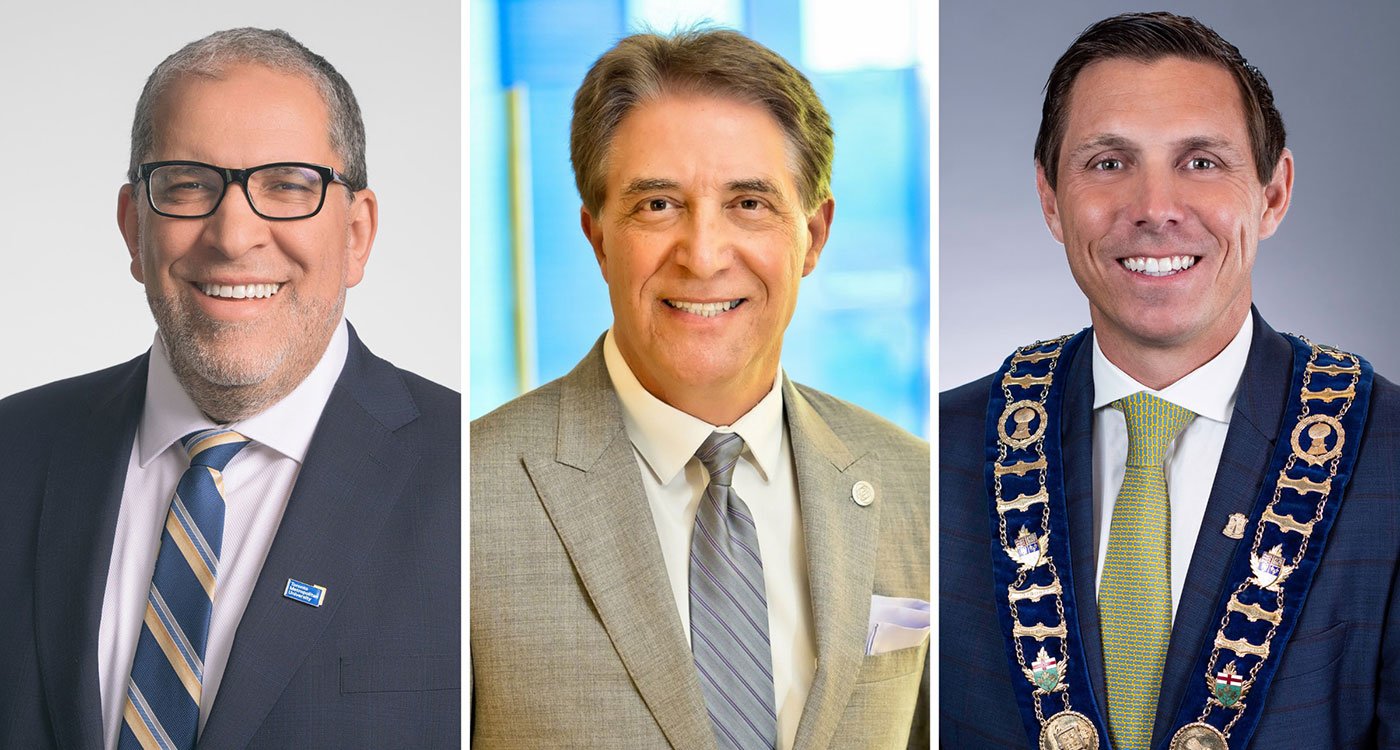 (l-r): Dr. Mohamed Lachemi, President and Vice-Chancellor, Toronto Metropolitan University; Dr. Frank Martino, President and CEO, William Osler Health System; and Patrick Brown, Mayor of Brampton