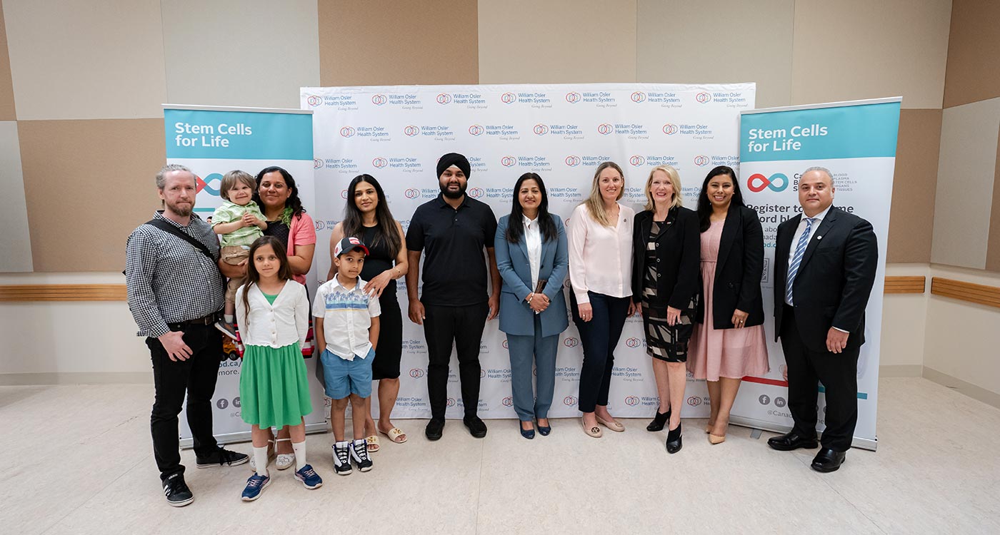 (l-r): Chris, Tristan Manny, and Jasmine Ford (stem cell recipient family); Raman Sandhu and son (cord blood donor); Hardeep Grewal, Member of Provincial Parliament (MPP) for Brampton East; Sonia Sidhu, Member of Parliament (MP) for Brampton South; Lindsay Hogeboom, Director, Infection Prevention & Control, Women’s & Children’s Program, Admitting & Registration, William Osler Health System; Kathy Ganz, Director, Stem Cells, Canadian Blood Services; Hon. Ruby Sahota, Member of Parliament (MP) for Brampton North; Tony Raso, Vice-President, Clinical Operations, William Osler Health System.